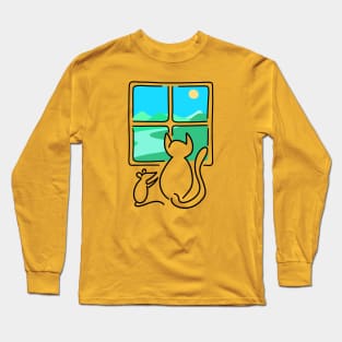 Cat and Mouse Window View BLACK OUTLINE Long Sleeve T-Shirt